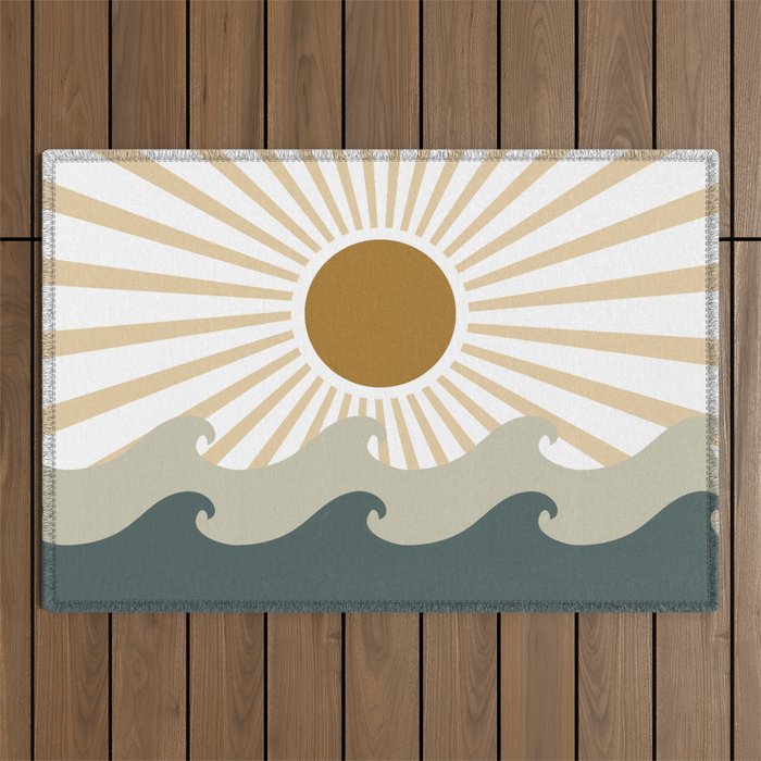 Retro, Sun and Waves, Green and Gold Outdoor Rug Gallery Image 1