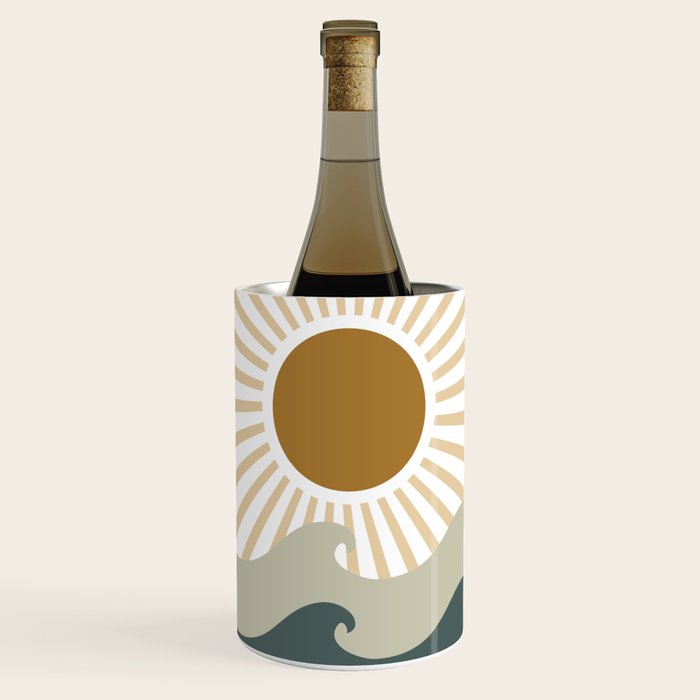 Retro, Sun and Waves, Green and Gold Wine Chiller Gallery Image 1