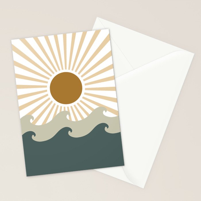 Retro, Sun and Waves, Green and Gold Stationery Card Gallery Image 2