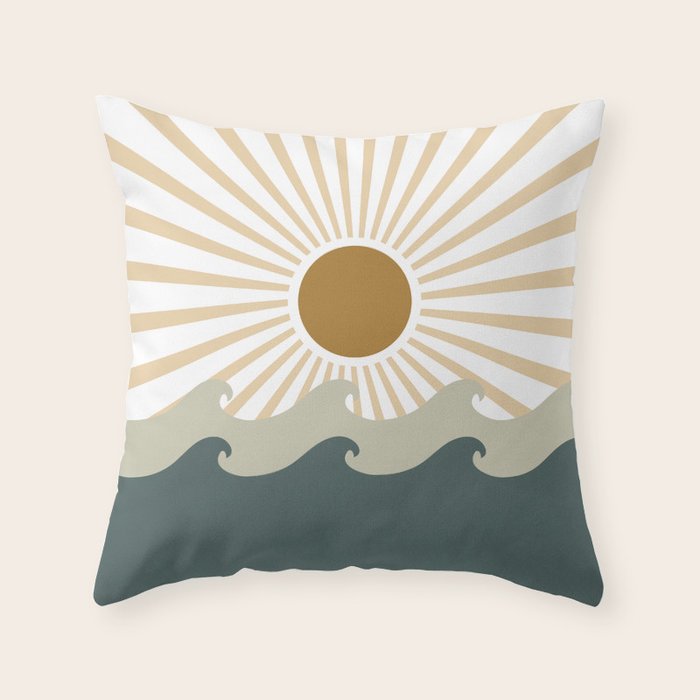 Retro, Sun and Waves, Green and Gold Throw Pillow Gallery Image 1