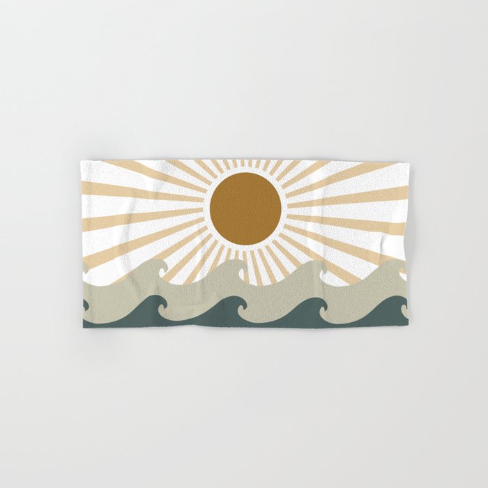 Retro, Sun and Waves, Green and Gold Bath Towel Gallery Image 1