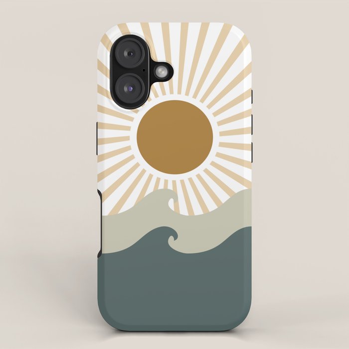 Retro, Sun and Waves, Green and Gold iPhone Case Gallery Image 1