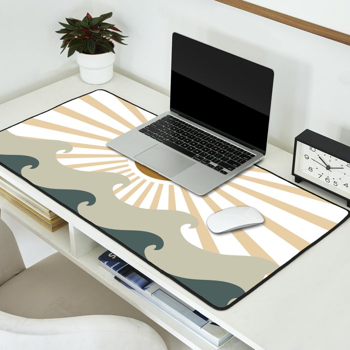 Retro, Sun and Waves, Green and Gold Desk Mat Gallery Image 2