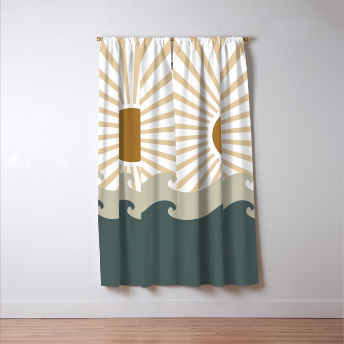 Retro, Sun and Waves, Green and Gold Window Curtain Gallery Image 3