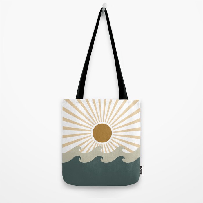 Retro, Sun and Waves, Green and Gold Tote Bag Gallery Image 2