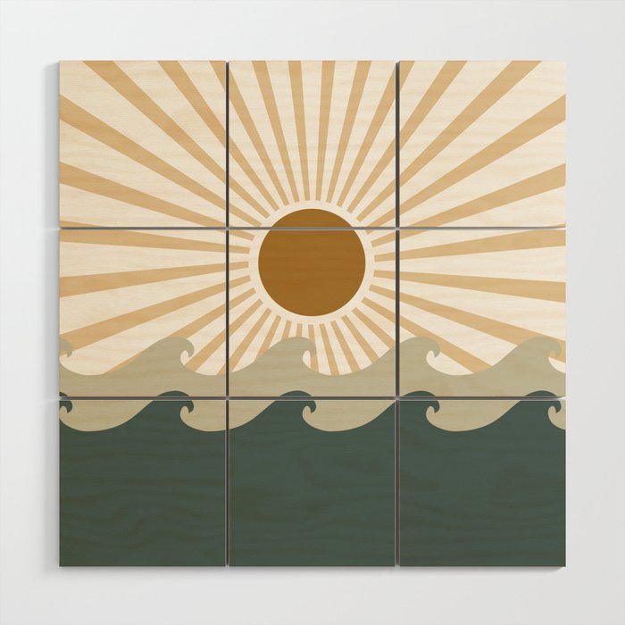 Retro, Sun and Waves, Green and Gold Wood Wall Art Gallery Image 1