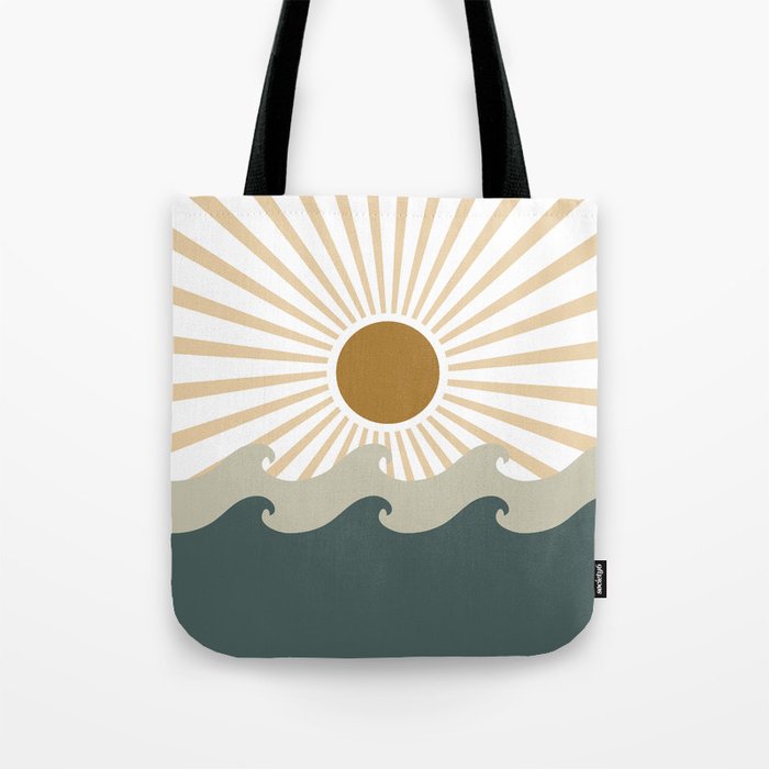 Retro, Sun and Waves, Green and Gold Tote Bag Gallery Image 1