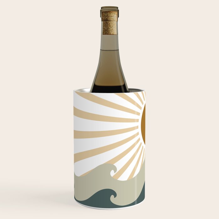 Retro, Sun and Waves, Green and Gold Wine Chiller Gallery Image 2