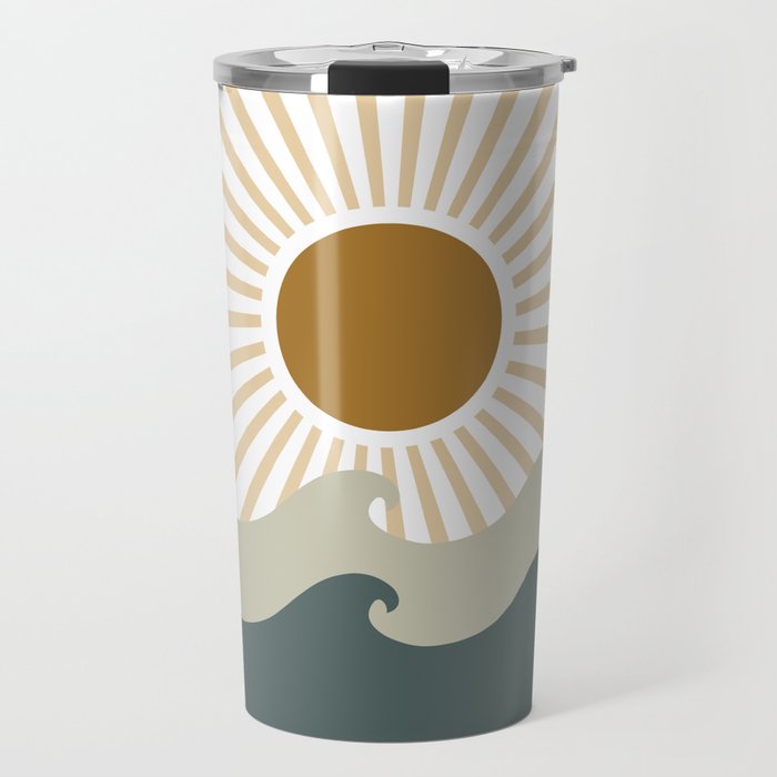 Retro, Sun and Waves, Green and Gold Travel Mug Gallery Image 1