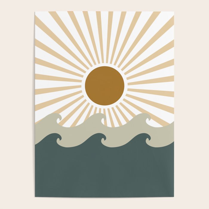 Retro, Sun and Waves, Green and Gold Poster Gallery Image 1