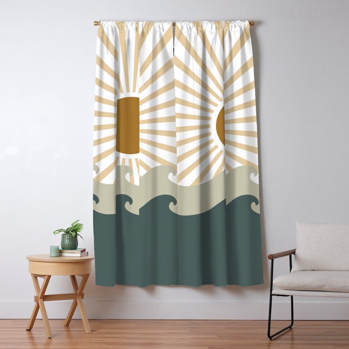 Retro, Sun and Waves, Green and Gold Window Curtain Gallery Image 5