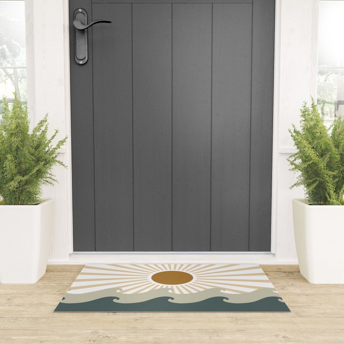 Retro, Sun and Waves, Green and Gold Welcome Mat Gallery Image 3