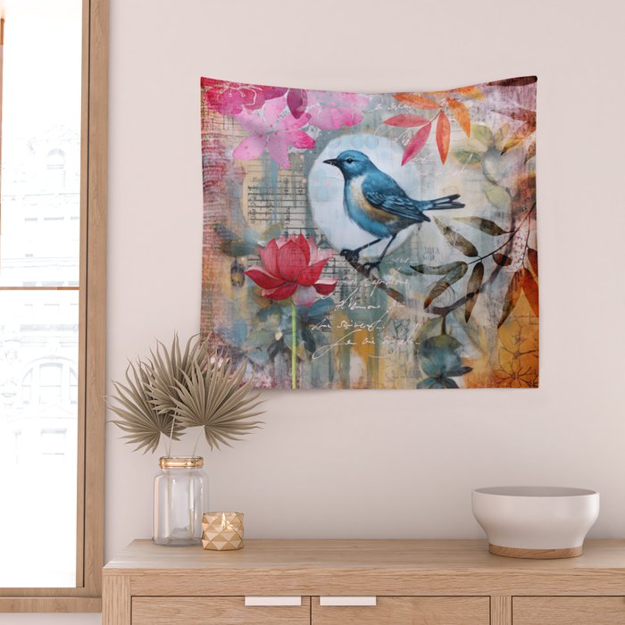 Colorful Bird Garden Indian Summer Flora Wall Tapestry Gallery Image 2