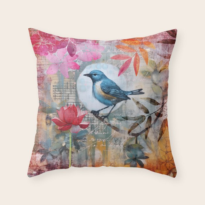 Colorful Bird Garden Indian Summer Flora Throw Pillow Gallery Image 6
