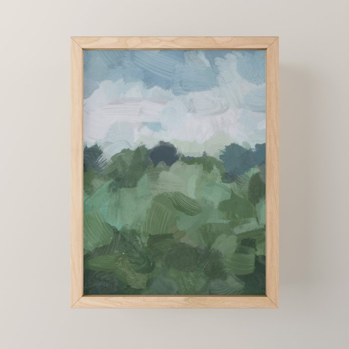 Windy Day on the Farm - Sky Blue and Sage Green Abstract Painting, Modern Rural Country Rustic Mini Art Print Gallery Image 1