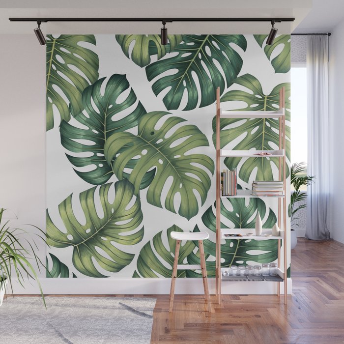 Monstera botanical leaves illustration pattern on white Wall Mural Gallery Image 1