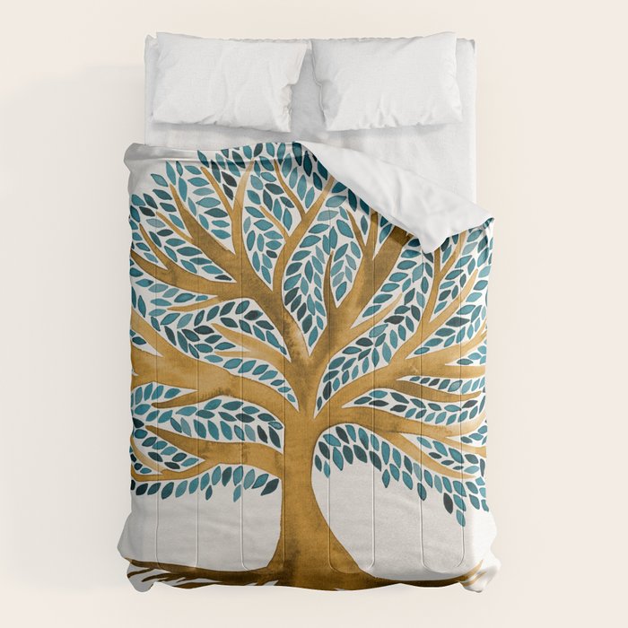 Tree of Life Watercolor - Ochre & Teal Comforter Gallery Image 6