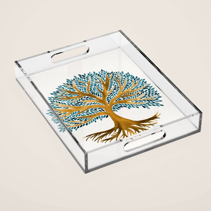 Tree of Life Watercolor - Ochre & Teal Acrylic Tray Gallery Image 1