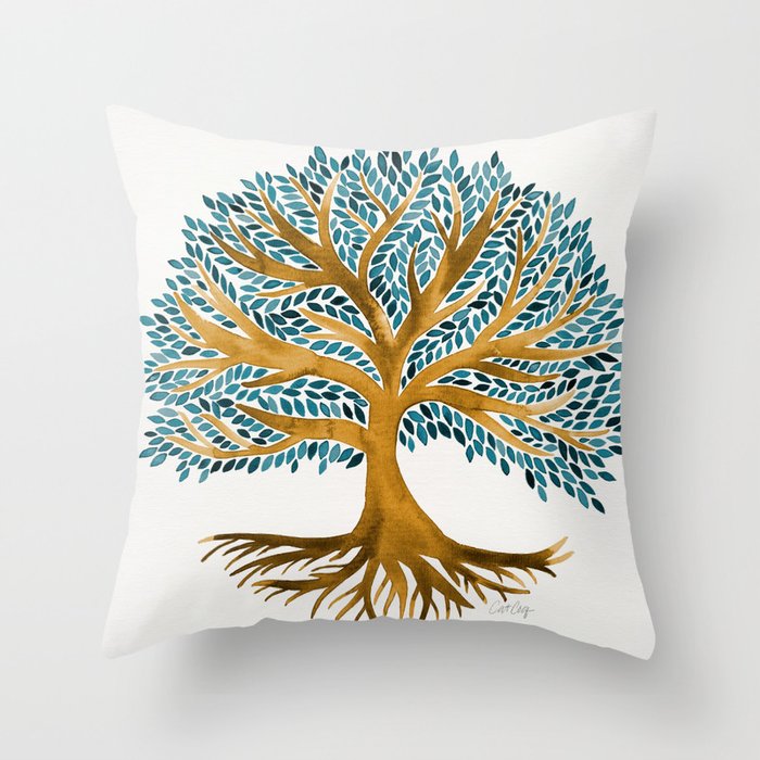 Tree of Life Watercolor - Ochre & Teal Throw Pillow Gallery Image 6