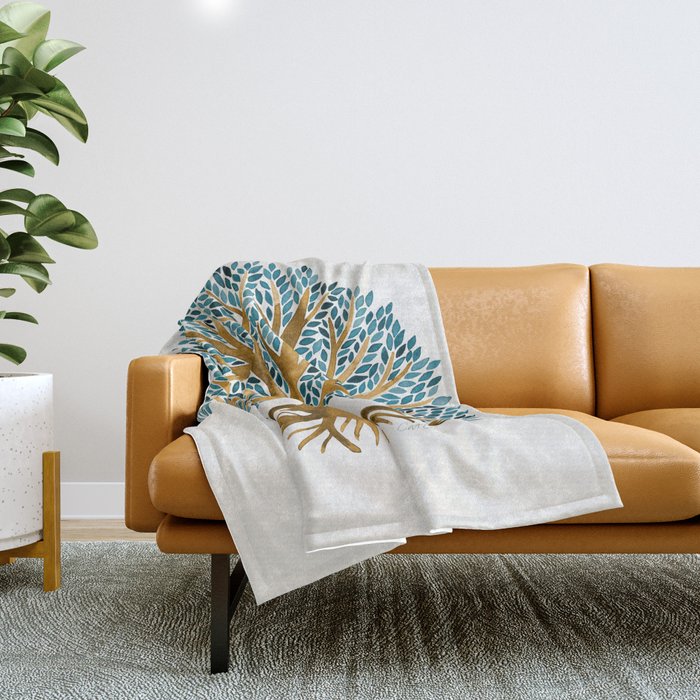 Tree of Life Watercolor - Ochre & Teal Throw Blanket Gallery Image 1