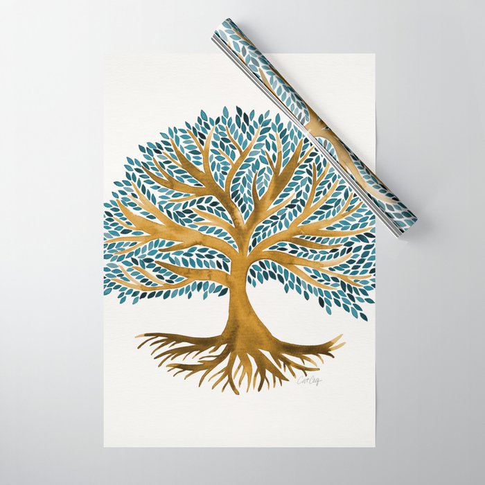 Tree of Life Watercolor - Ochre & Teal Wrapping Paper Gallery Image 1
