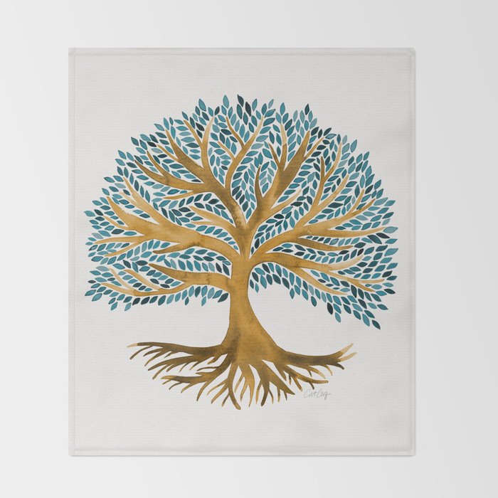 Tree of Life Watercolor - Ochre & Teal Throw Blanket Gallery Image 2