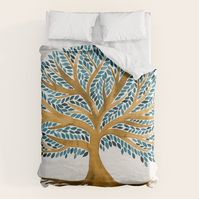 Tree of Life Watercolor - Ochre & Teal Duvet Cover Gallery Image 6