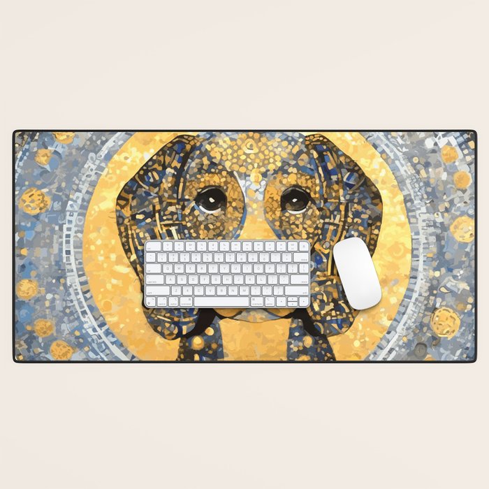 Blue and Gold Klimt Dog with Geometric Patterns  Desk Mat Gallery Image 1