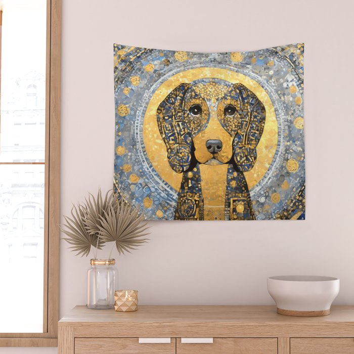 Blue and Gold Klimt Dog with Geometric Patterns  Wall Tapestry Gallery Image 2