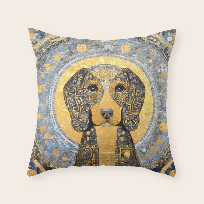 Blue and Gold Klimt Dog with Geometric Patterns  Throw Pillow Gallery Image 6
