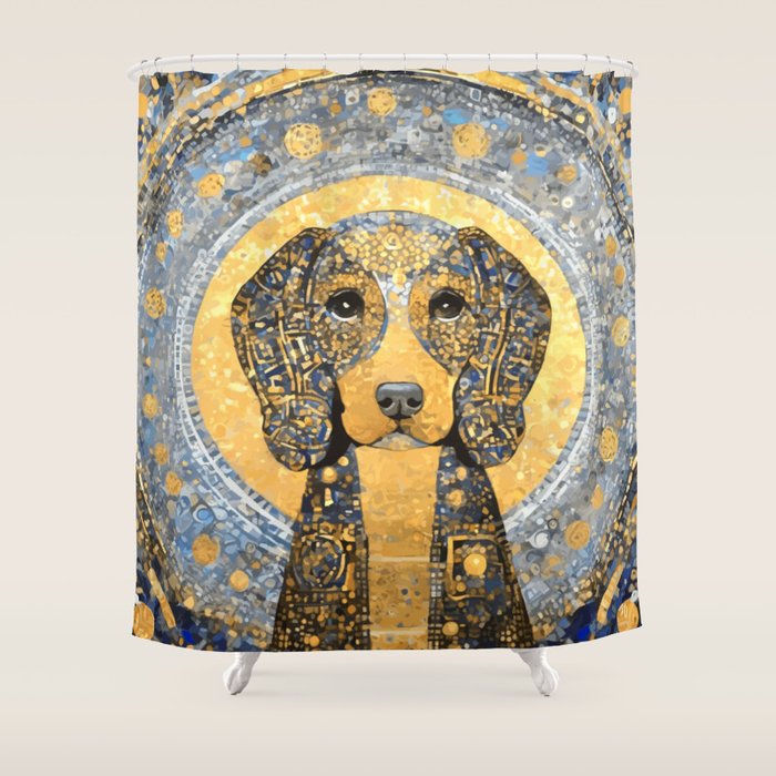 Blue and Gold Klimt Dog with Geometric Patterns  Shower Curtain Gallery Image 1