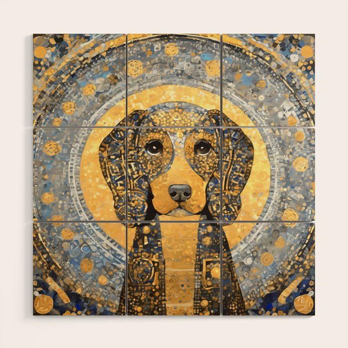 Blue and Gold Klimt Dog with Geometric Patterns  Wood Wall Art Gallery Image 1
