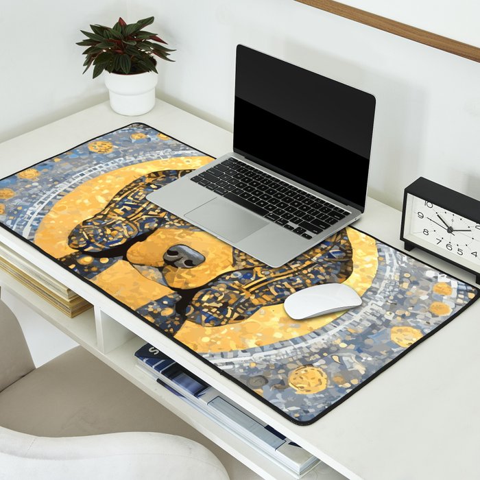 Blue and Gold Klimt Dog with Geometric Patterns  Desk Mat Gallery Image 2