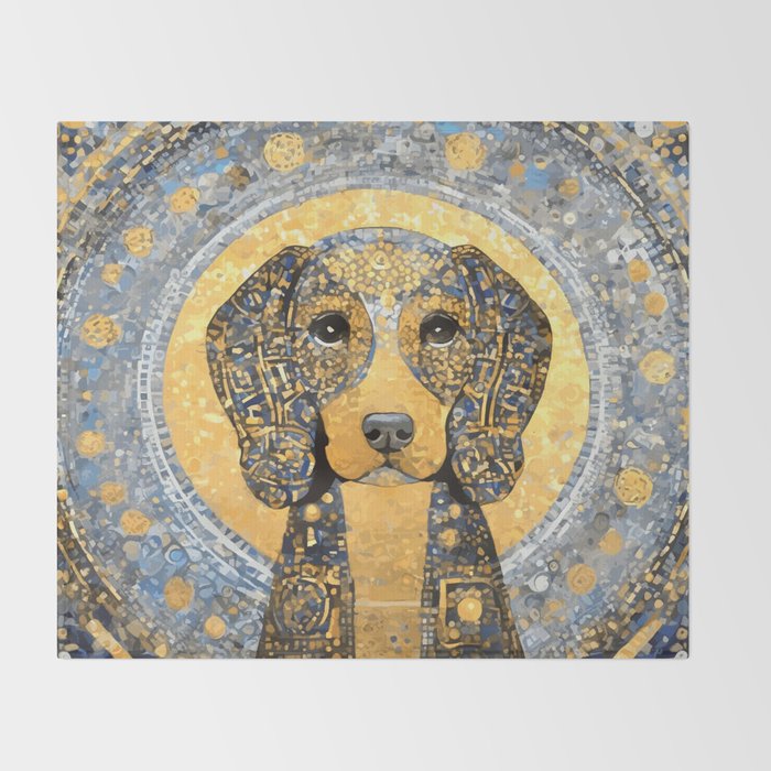 Blue and Gold Klimt Dog with Geometric Patterns  Throw Blanket Gallery Image 2