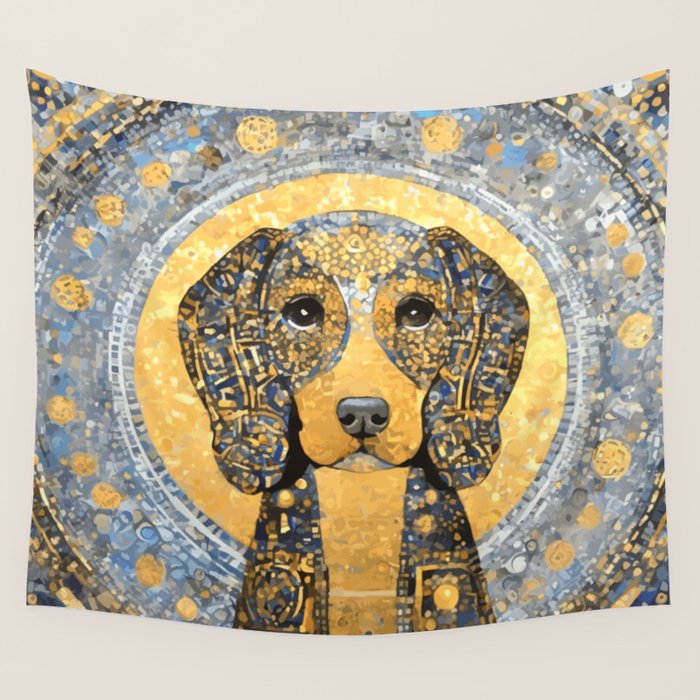 Blue and Gold Klimt Dog with Geometric Patterns  Wall Tapestry Gallery Image 4