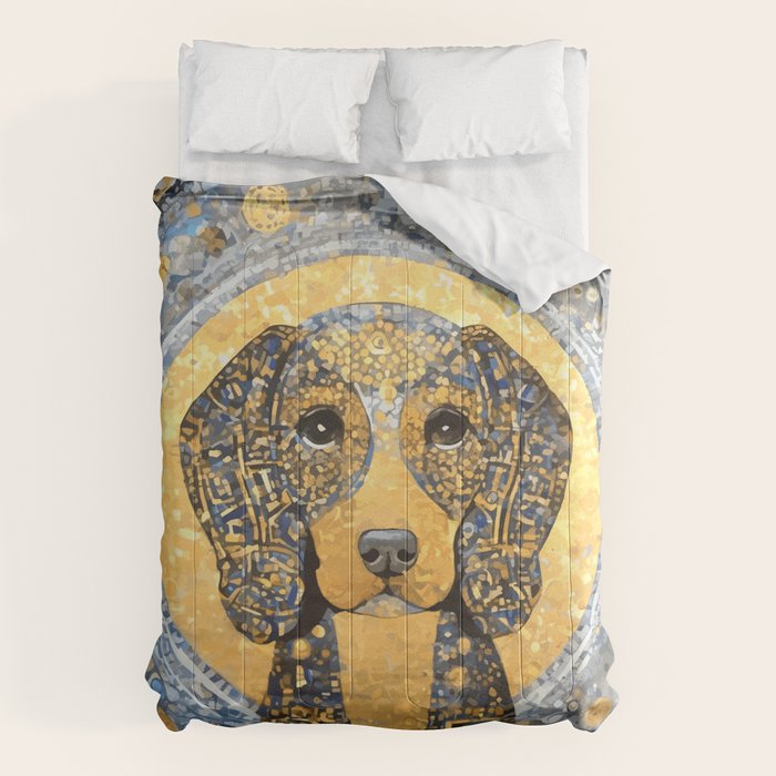 Blue and Gold Klimt Dog with Geometric Patterns  Comforter Gallery Image 6