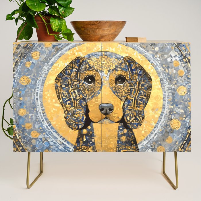 Blue and Gold Klimt Dog with Geometric Patterns  Credenza Gallery Image 1