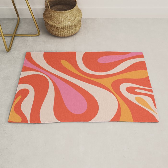 Mod Swirl Retro Modern Abstract Pattern Bright Pink Orange Beige Rug