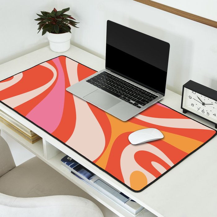 Mod Swirl Retro Modern Abstract Pattern Bright Pink Orange Beige Desk Mat Gallery Image 2