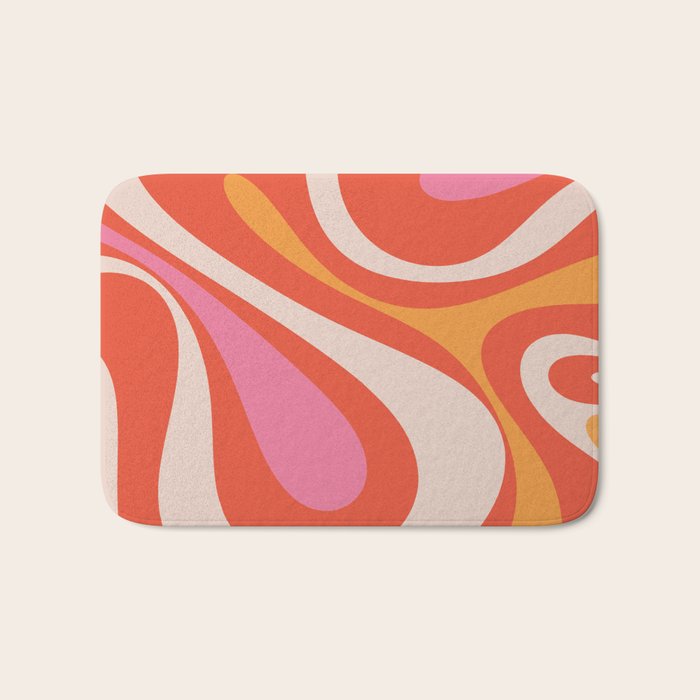 Mod Swirl Retro Modern Abstract Pattern Bright Pink Orange Beige Bath Mat Gallery Image 1