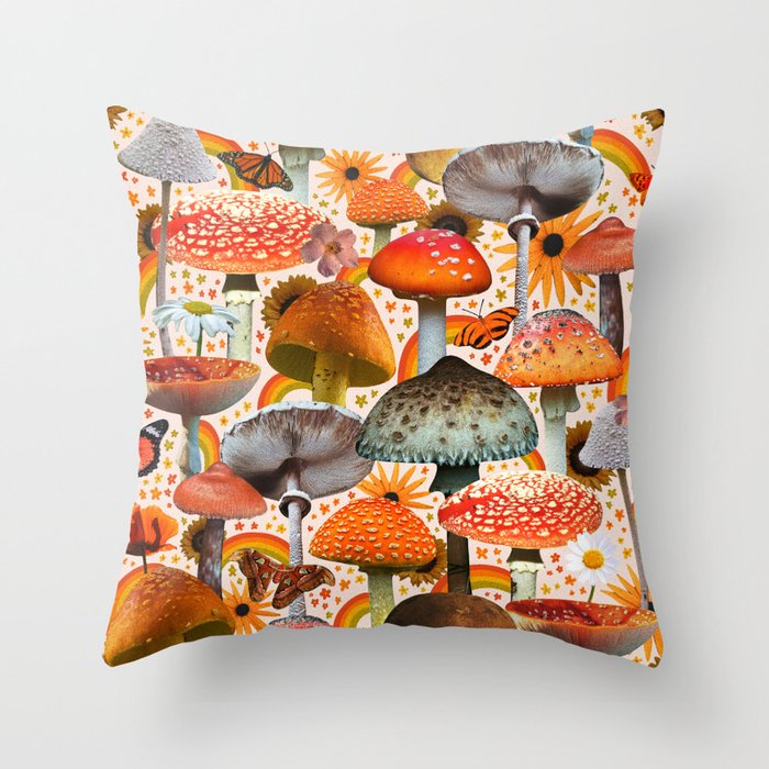 Mushroom Collage Print in Cream Throw Pillow Gallery Image 6