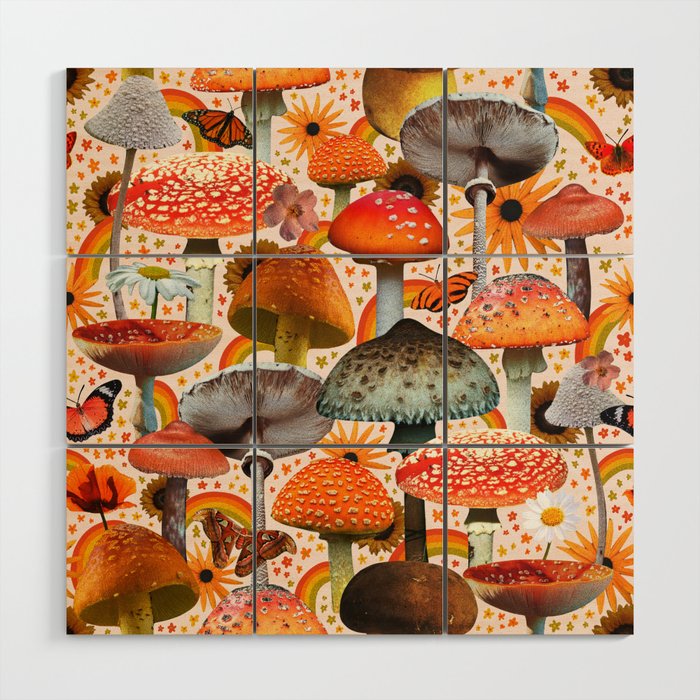 Mushroom Collage Print in Cream Wood Wall Art Gallery Image 1