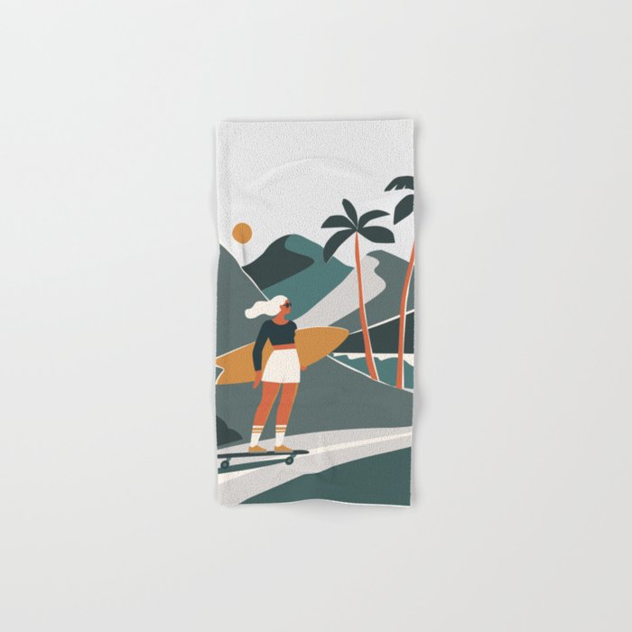 Single Fin Soul - Surfing Illustration with Longboard Balancing Surfer Girl Bath Towel Gallery Image 1