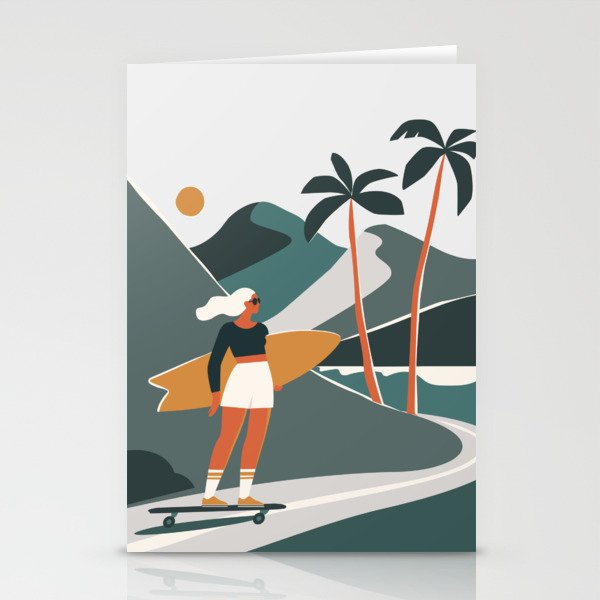 Single Fin Soul - Surfing Illustration with Longboard Balancing Surfer Girl Stationery Card Gallery Image 2