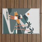 Single Fin Soul - Surfing Illustration with Longboard Balancing Surfer Girl Outdoor Rug Gallery Image 1