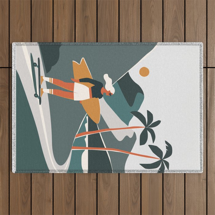 Single Fin Soul - Surfing Illustration with Longboard Balancing Surfer Girl Outdoor Rug Gallery Image 1