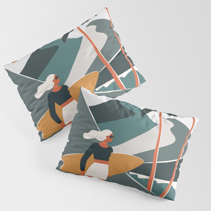 Single Fin Soul - Surfing Illustration with Longboard Balancing Surfer Girl Pillow Sham Gallery Image 3