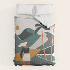 Single Fin Soul - Surfing Illustration with Longboard Balancing Surfer Girl Comforter Gallery Image 6