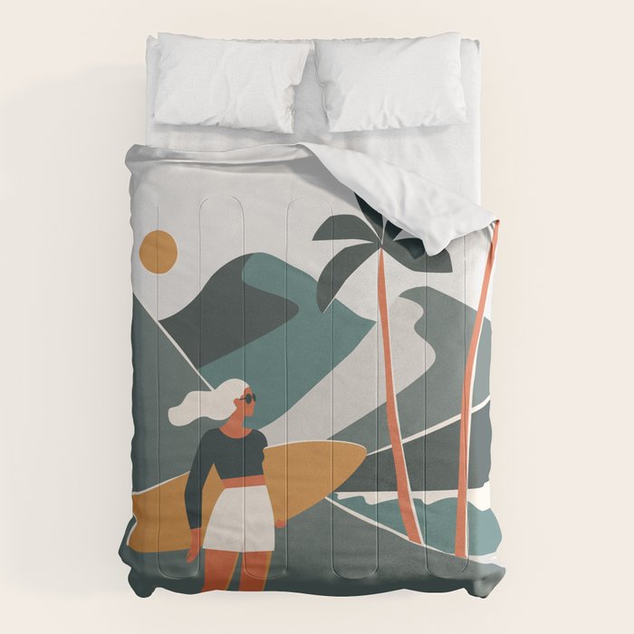 Single Fin Soul - Surfing Illustration with Longboard Balancing Surfer Girl Comforter Gallery Image 6