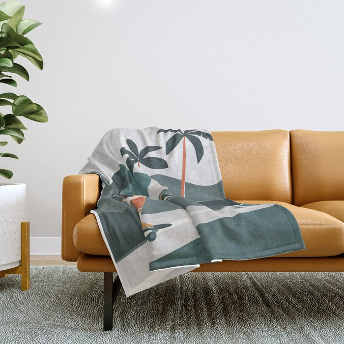 Single Fin Soul - Surfing Illustration with Longboard Balancing Surfer Girl Throw Blanket Gallery Image 1